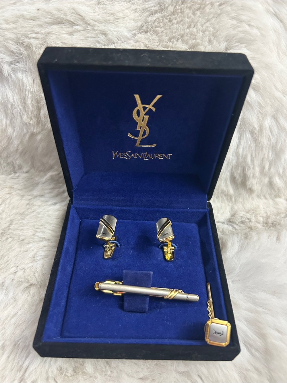 YSL Yves Saint Laurent Vintage cufflinks, tie clip and pin in box